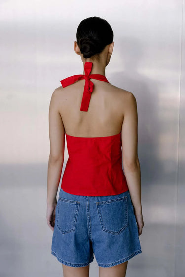 BISK THE LABEL RUE RED LINEN BLEND HALTER VEST - STUDIO JO STORE